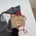 Mini borsa a secchiello beige stile giapponese con ricamo a uovo e tracolla colorata - Cachi