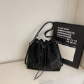 Retro black velvet bucket bag with drawstring closure and silver eyelet details - Black without Pendant