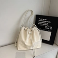 White marble texture bucket backpack with drawstring closure and slim shoulder straps - White Without Pendant