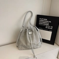 Gray marble pattern faux suede bucket bag with drawstring closure and slim straps - Silver No Pendant