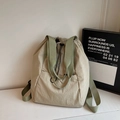 Large drawstring tote backpack in beige nylon with sage green straps and wide shoulder band - Gray
