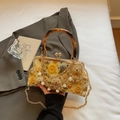 Chic beige crossbody bag with bamboo handle, pearl chain, and 3D bear floral embroidery - Yellow