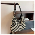 Bohemian large capacity woven tote bag with black beads and geometric pattern design - White and Black Patchwork