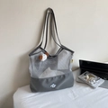 Detail of grey mesh tote bag with cartoon dog embroidery and plush keychain accessory - With Pendant / Gray