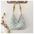 Handcrafted woven tote bag in cream and light blue pattern with wooden bead handles - White and Blue