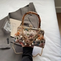 New Chinese style crossbody bag with bamboo handle and 3D crochet bear and pearl decor - Beige Grey
