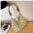 Large hand-woven cream tote bag with wooden bead handle and lightweight straw design - White & Khaki Patchwork