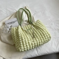 Light green bubble-textured tote bag with pearl chain and leather shoulder straps - Green