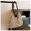 Large woven hollow shoulder bag in natural light brown with dark wooden bead handles - White and Brown