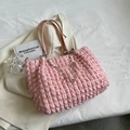 Pink bubble texture tote bag with pearl chain decoration and PU shoulder straps - Pink
