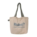 Beige large capacity canvas tote bag with black straps and Rules print slogan - Pink