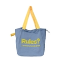 Blue and yellow contrast tote bag featuring a bold printed slogan and drawstring detail - Blue