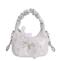 Chic cream white pleated handbag with lace, bow, and pearl accents for women - Champagne