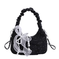 Black pleated crescent handbag with white organza bow and pearl chain accents - Black