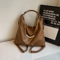 Zaino borsa in ecopelle marrone con perle e catena dorata di tendenza per donna - Marrone