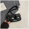 Detail of black glossy PU leather underarm bag with functional double front pockets - Black