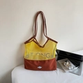Yellow mesh patchwork tote bag with brown fabric straps and cartoon puppy embroidery - No Pendant / Yellow