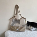 Minimalist beige mesh and canvas patchwork tote bag featuring a cute cartoon dog print - No Pendant / Khaki