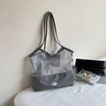 Minimalist grey and white mesh patchwork tote bag featuring a cute puppy cartoon print - No Pendant / Gray