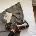 Deep brown patent leather underarm bag with silver chain strap and glossy finish - Coffee