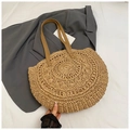 Detail of hand-woven straw tote bag with brown leather handles and circular texture - Style 1 Khaki