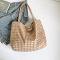 Bolso tote de lona a cuadros marrón y blanco de gran capacidad con etiqueta tejida - Amarillo