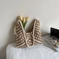 Borsa tote all'uncinetto marrone e crema con fiori e frange per vacanze al mare - Cachi