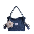 Borsa tote in denim blu con stampe di fiocchi bianchi e ciondolo a stella trendy - Blu Chiaro con Ciondolo
