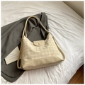 Chic beige checkered tote bag with Lucky Girl embroidery and premium faux leather finish - Rice White (No Pendant)