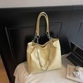 Pale yellow large tote bag with wrinkled PU texture and pearl chain handle - Yellow