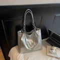 Metallic silver large tote bag with pearl chain detail for stylish women commuting - Silver