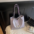 Light purple faux leather tote bag with elegant pearl chain and spacious commuter design - Purple
