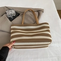 Bolso tote de punto a rayas marrones y crema con asas de cuero y diseño de gran capacidad - Caqui