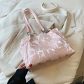 Pink heart embossed tote bag with large capacity and soft cream fashion aesthetic - Pink Without Pendant
