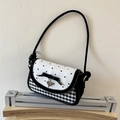 Borsa a spalla con cuori neri a pois, fiocco decorativo e dettagli a scacchi vintage - Nero