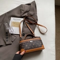 Chic vintage style brown monogram box bag with bear pattern and leather shoulder strap - Coffee & Brown (No Pendant)