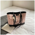 Close-up of pink pleated tote bag featuring black bow patterns and elegant lace pearl charms - With Pendant / Pink
