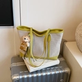 Beige canvas and avocado green leather tote bag with cute plush bear pendant - Green with Charm