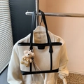 Large capacity canvas tote bag with black leather trim and cute bear pendant charm - Black With Pendant