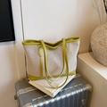 Minimalist canvas tote bag in beige and green finish with leather straps and handles - Green Without Pendant