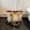 Chic beige canvas tote bag with brown leather trim and long shoulder straps - Khaki (No Pendant)