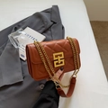 Détail d'un sac en cuir matelassé marron avec fermoir doré et bandoulière en chaîne chic - Marron