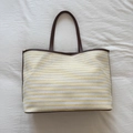 Chic oversized canvas tote bag with yellow and white stripes and brown leather handles - Yellow