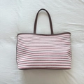 Casual red and white striped canvas tote bag with premium brown leather handles - Red