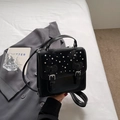Chic black patent leather handbag with silver rhinestones and bow buckle details - No Pendant / Black