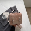Pink faux leather handbag with sparkling rhinestones and 3D bow details for women - No Pendant / Pink