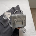 Silver glossy backpack with rhinestone accents and leather bows for casual summer style - No Pendant / Silver