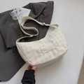 Sac demi-lune beige à carreaux avec broderie d'ours et bandoulière réglable chic - Blanc Cassé Sans Pendentif