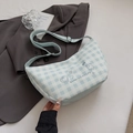 Sac hobo à carreaux bleu et blanc avec broderie ours mignonne et bandoulière cuir - Bleu Sans Pendentif