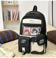 Detail of black and white school backpack with transparent card slot and Hello Nana embroidery - Black